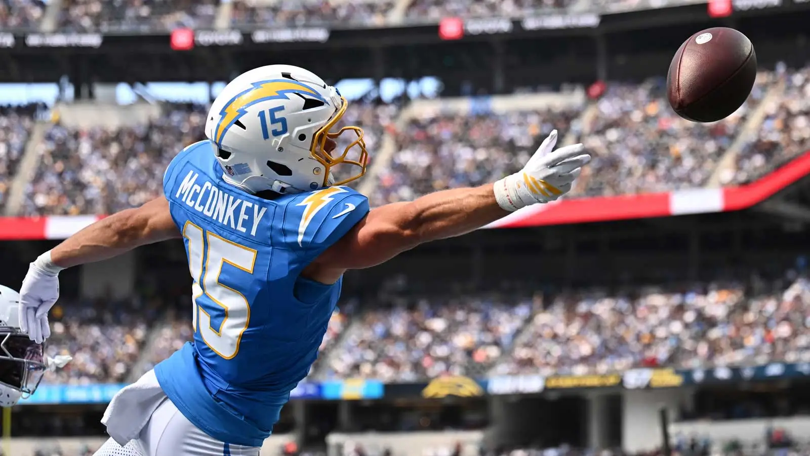 Los Angeles Chargers wide receiver Ladd McConkey (15) misses a catch against the Arizona Cardinals in the first half at SoFi Stadium.
