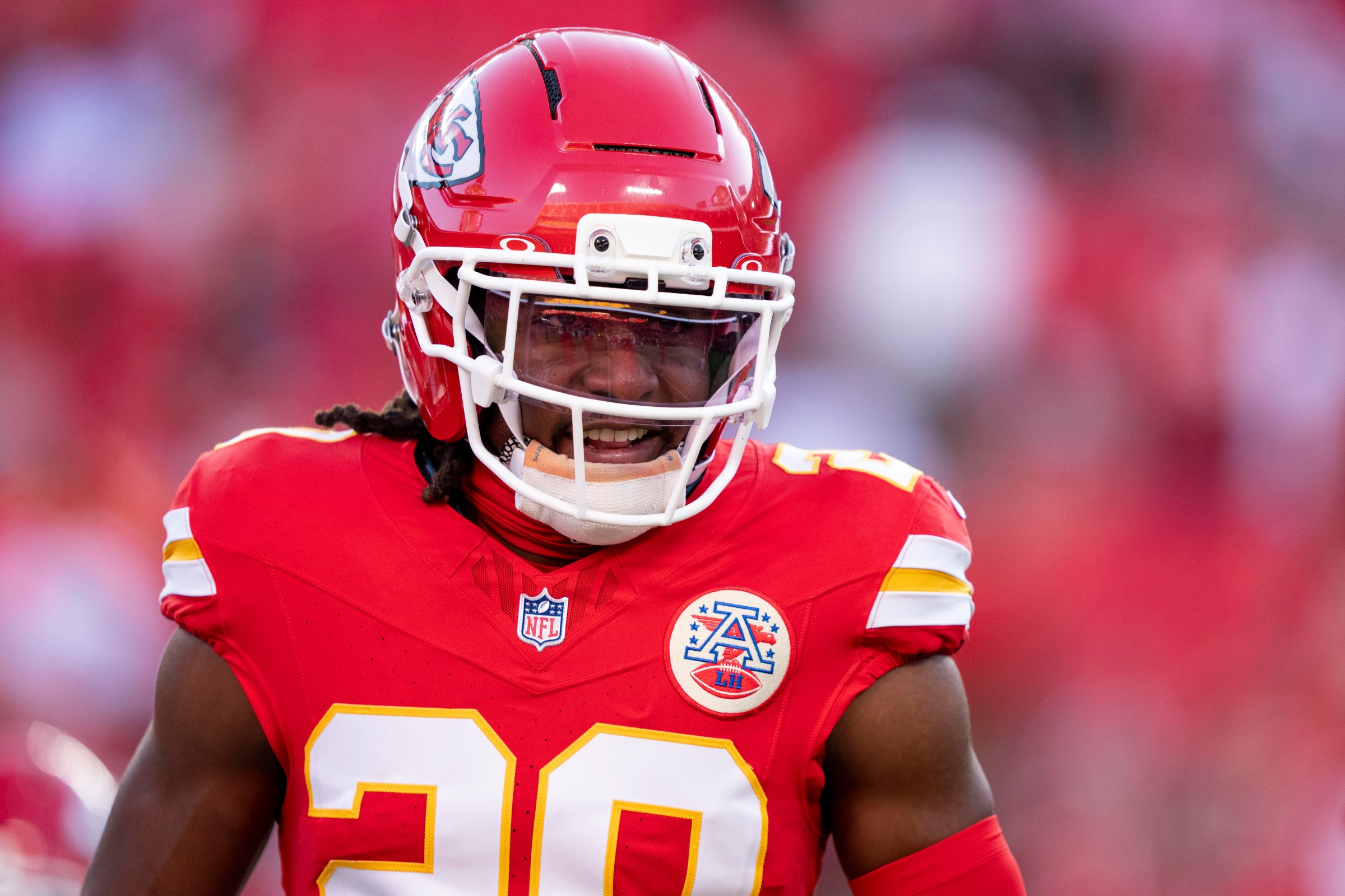 KANSAS CITY, MISSOURI - SEPTEMBER 14: Nohl Williams #20 of the Kansas City Chiefs reacts against the Denver Broncos before an NFL football game at Arrowhead Stadium on September 14, 2026 in Kansas City, Missouri. (Photo by Michael Owens/Getty Images)
