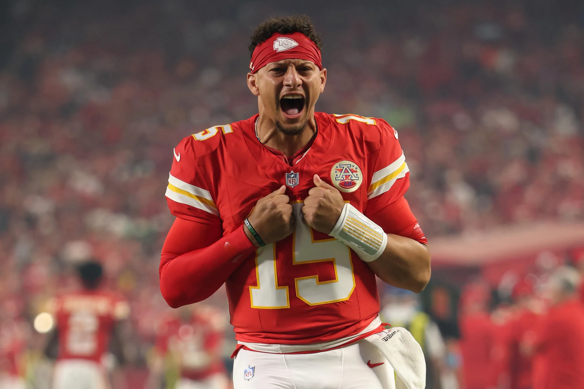 KANSAS CITY, MISSOURI - SEPTEMBER 20: Patrick Mahomes #15 of the Kansas City Chiefs reacts before the game against the Indianapolis Colts at Arrowhead Stadium on September 20, 2026 in Kansas City, Missouri. (Photo by Jamie Squire/Getty Images)
