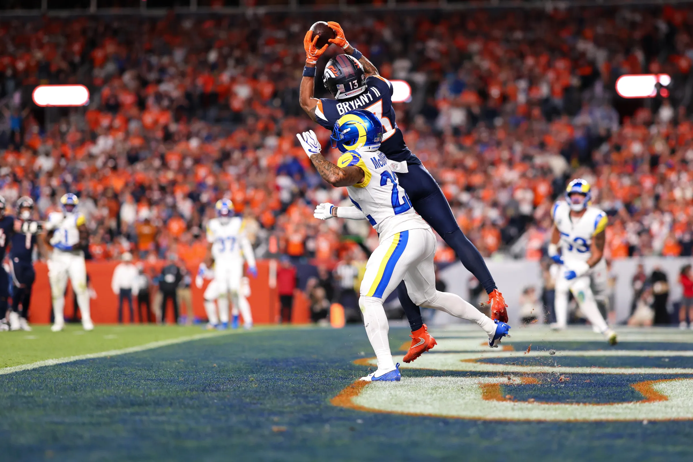 DENVER, COLORADO - SEPTEMBER 27: Pat Bryant #13 of the Denver Broncos catches a pass for a two-point conversion during the third quarter of the game against the Los Angeles Rams at Empower Field at Mile High on September 27, 2026 in Denver, Colorado. (Photo by Brooke Sutton/Getty Images)