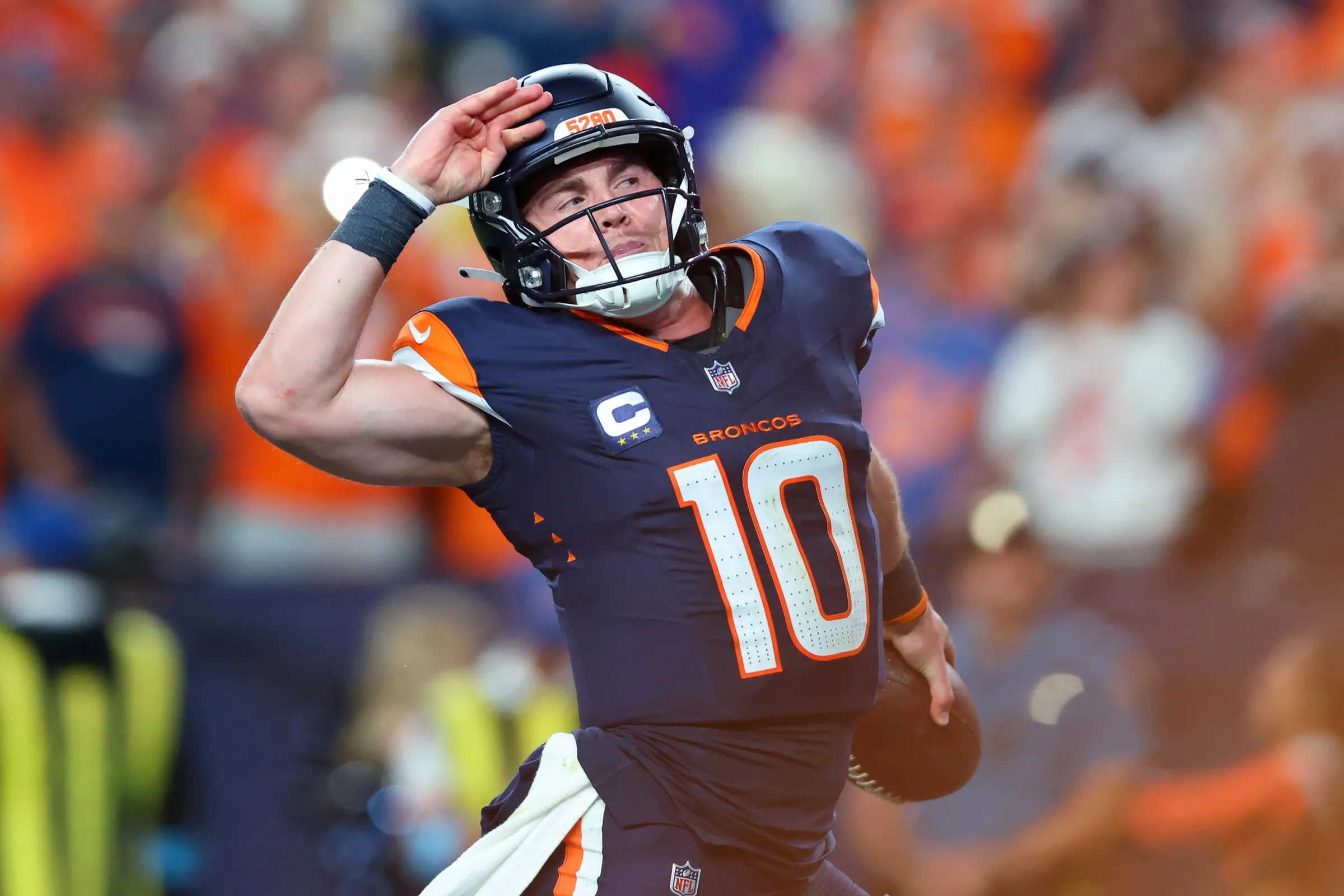 DENVER, COLORADO - SEPTEMBER 27: Bo Nix #10 of the Denver Broncos celebrates a touchdown against the Los Angeles Rams during the fourth quarter at Empower Field At Mile High on September 27, 2026 in Denver, Colorado. (Photo by Justin Edmonds/Getty Images)