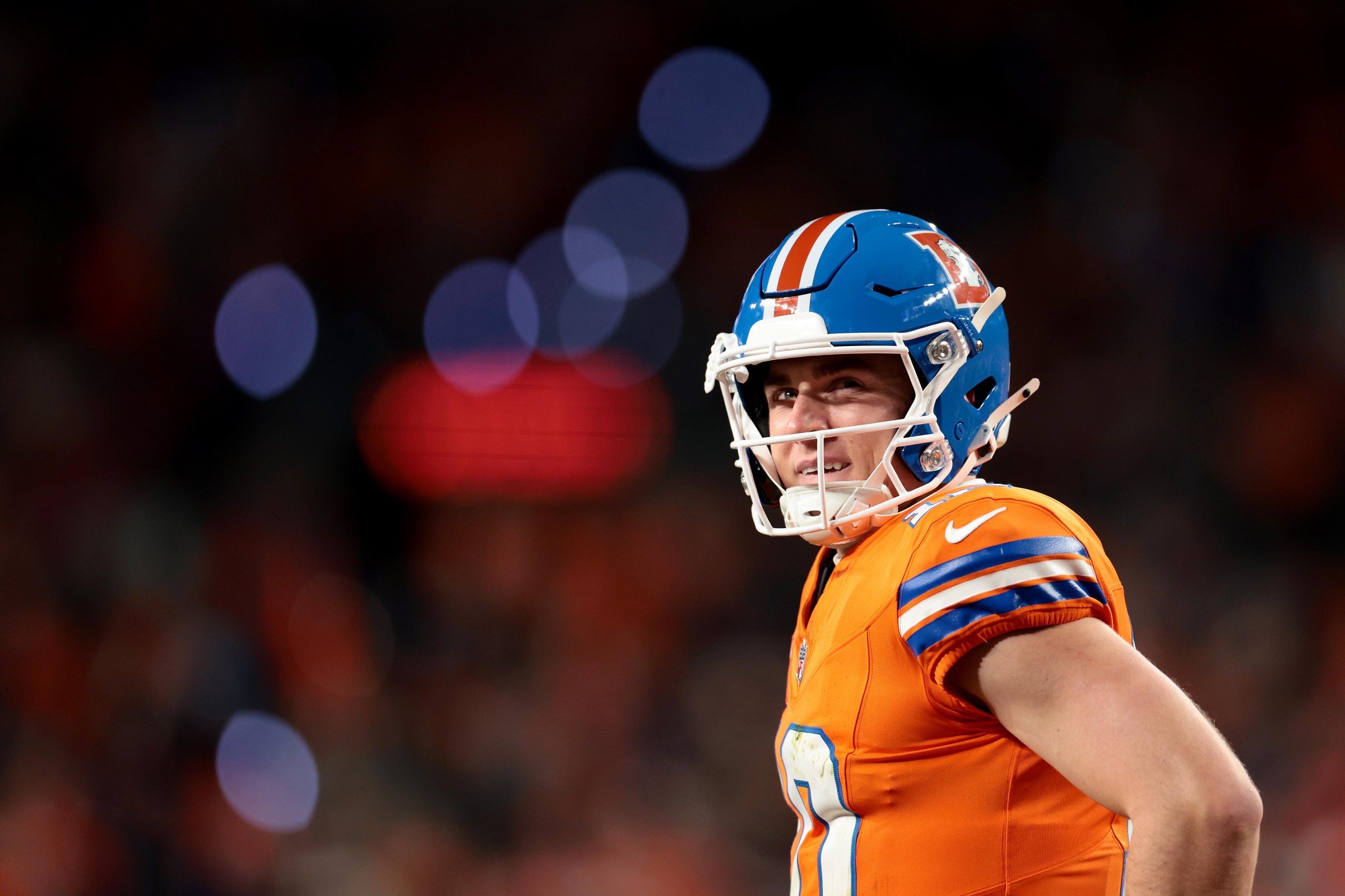 DENVER, COLORADO - OCTOBER 15: Bo Nix #10 of the Denver Broncos reacts against the Seattle Seahawks during the third quarter of the game at Empower Field At Mile High on October 15, 2026 in Denver, Colorado. (Photo by Andrew Wevers/Getty Images)