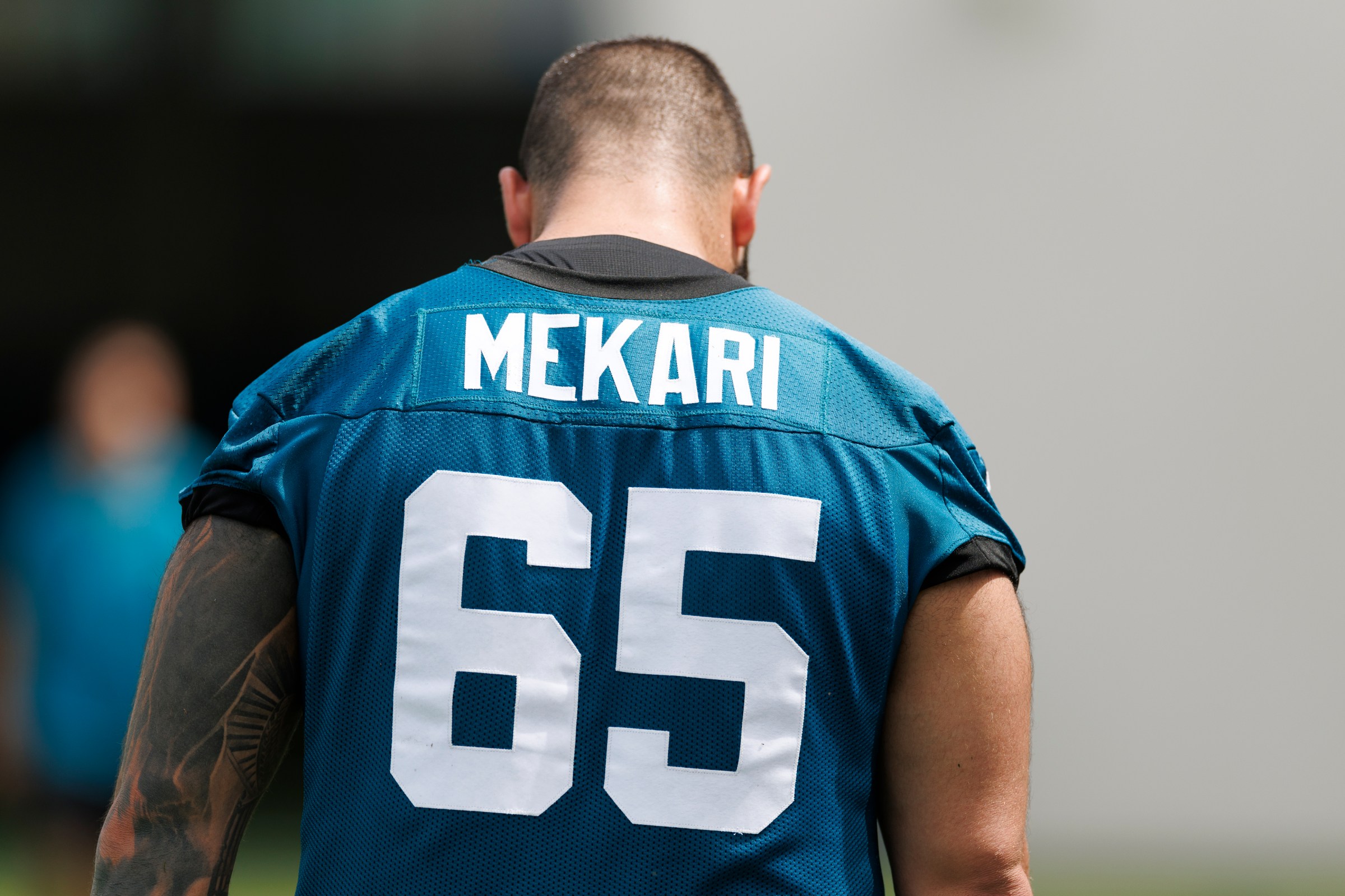 JACKSONVILLE, FLORIDA - JUNE 10: A detailed view of the back of Patrick Mekari #65 in a Jacksonville Jaguars jersey during a Jacksonville Jaguars mandatory minicamp at Miller Electric Center on June 10, 2025 in Jacksonville, Florida. (Photo by Logan Bowles/Getty Images)
