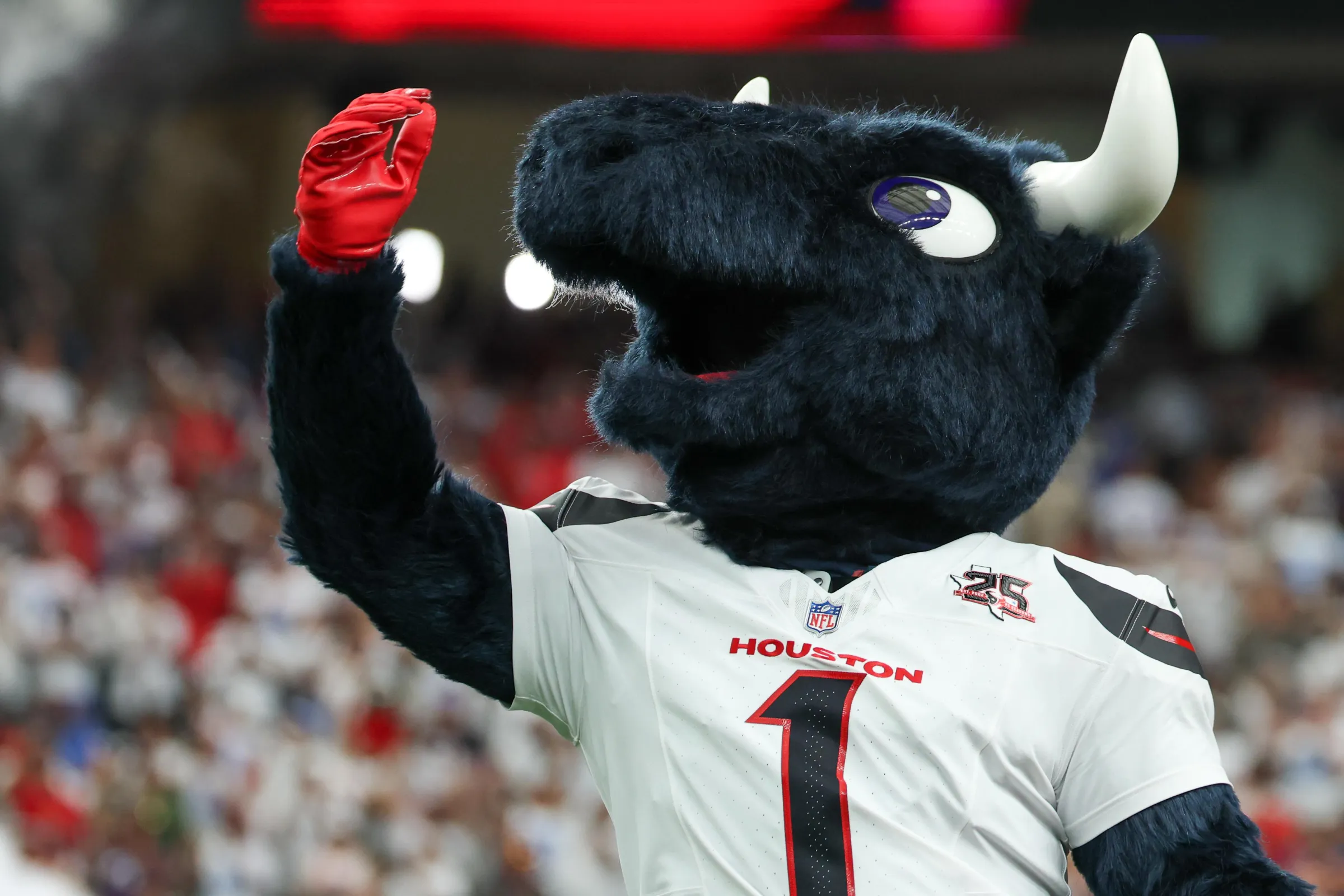 HOUSTON, TX - SEPTEMBER 13: Bull mascot on the field before the NFL game between the Houston Texans and the Buffalo Bills on September 13, 2026, at Reliant Stadium in Houston, TX. (Photo by David Buono/Icon Sportswire via Getty Images)