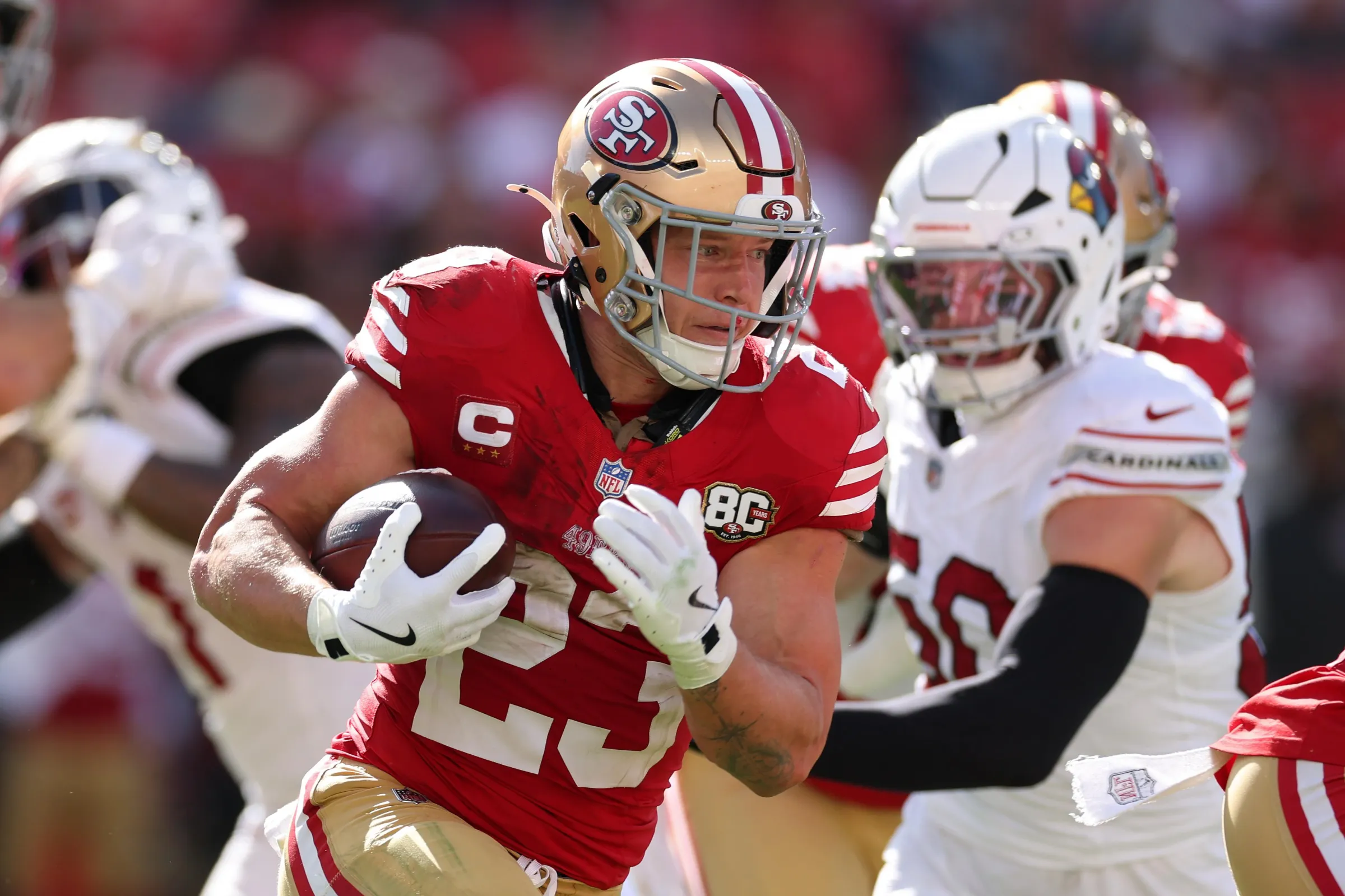 SANTA CLARA, CALIFORNIA - SEPTEMBER 27: Christian McCaffrey #23 of the San Francisco 49ers runs with the ball in the third quarter against the Arizona Cardinals at Levi's Stadium on September 27, 2026 in Santa Clara, California. (Photo by Ezra Shaw/Getty Images)
