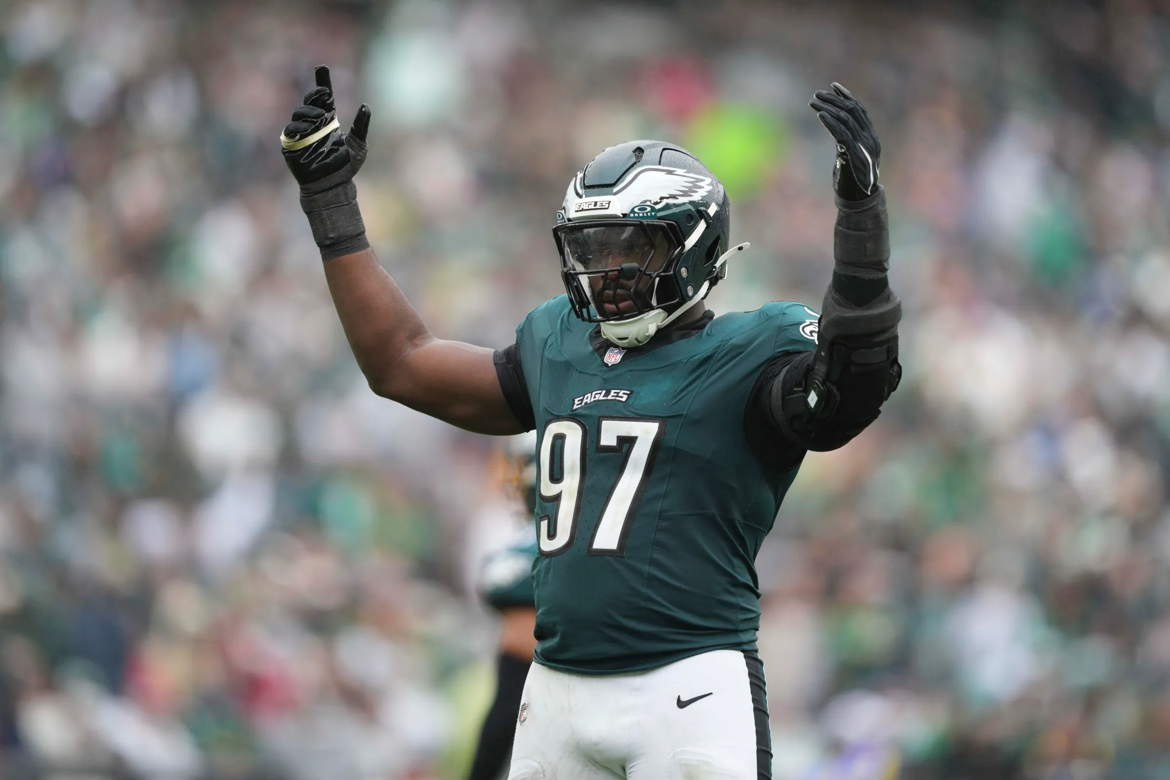 PHILADELPHIA, PA - OCTOBER 04: Philadelphia Eagles defensive tackle Moro Ojomo #97 waves to the fans during the game between the Los Angeles Rams and the Philadelphia Eagles on October 4, 2026 at Lincoln Financial Field in Philadelphia, PA.(Photo by Andy Lewis/Icon Sportswire via Getty Images)