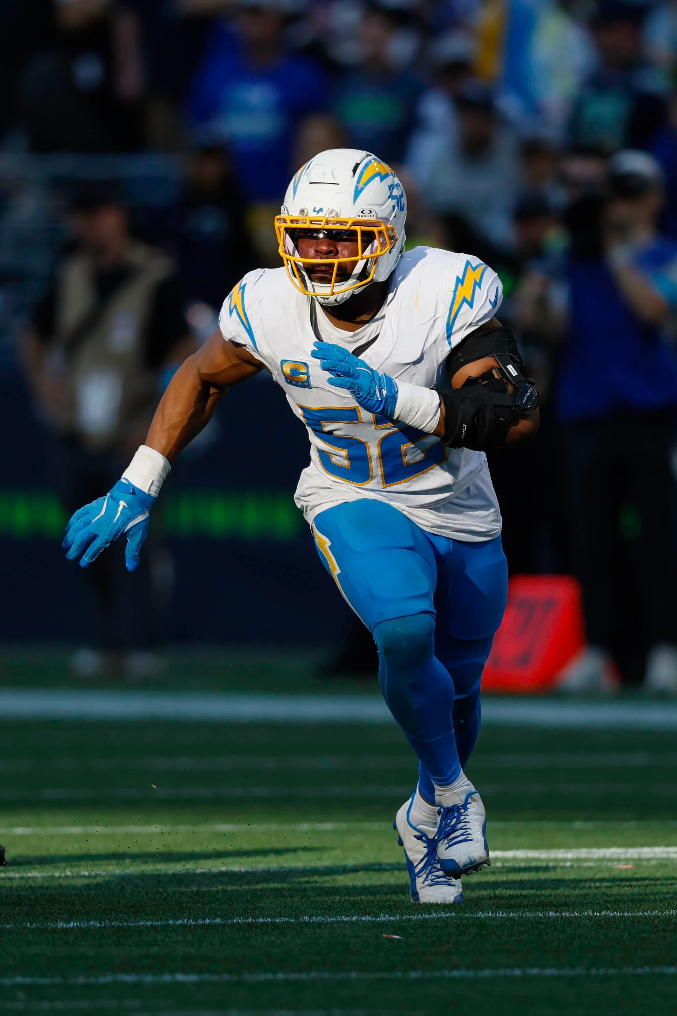 SEATTLE, WASHINGTON - OCTOBER 4: Khalil Mack #52 of the Los Angeles Chargers in action during the game against the Seattle Seahawks at Lumen Field on October 4, 2026 in Seattle, Washington. (Photo by Alika Jenner/Getty Images)