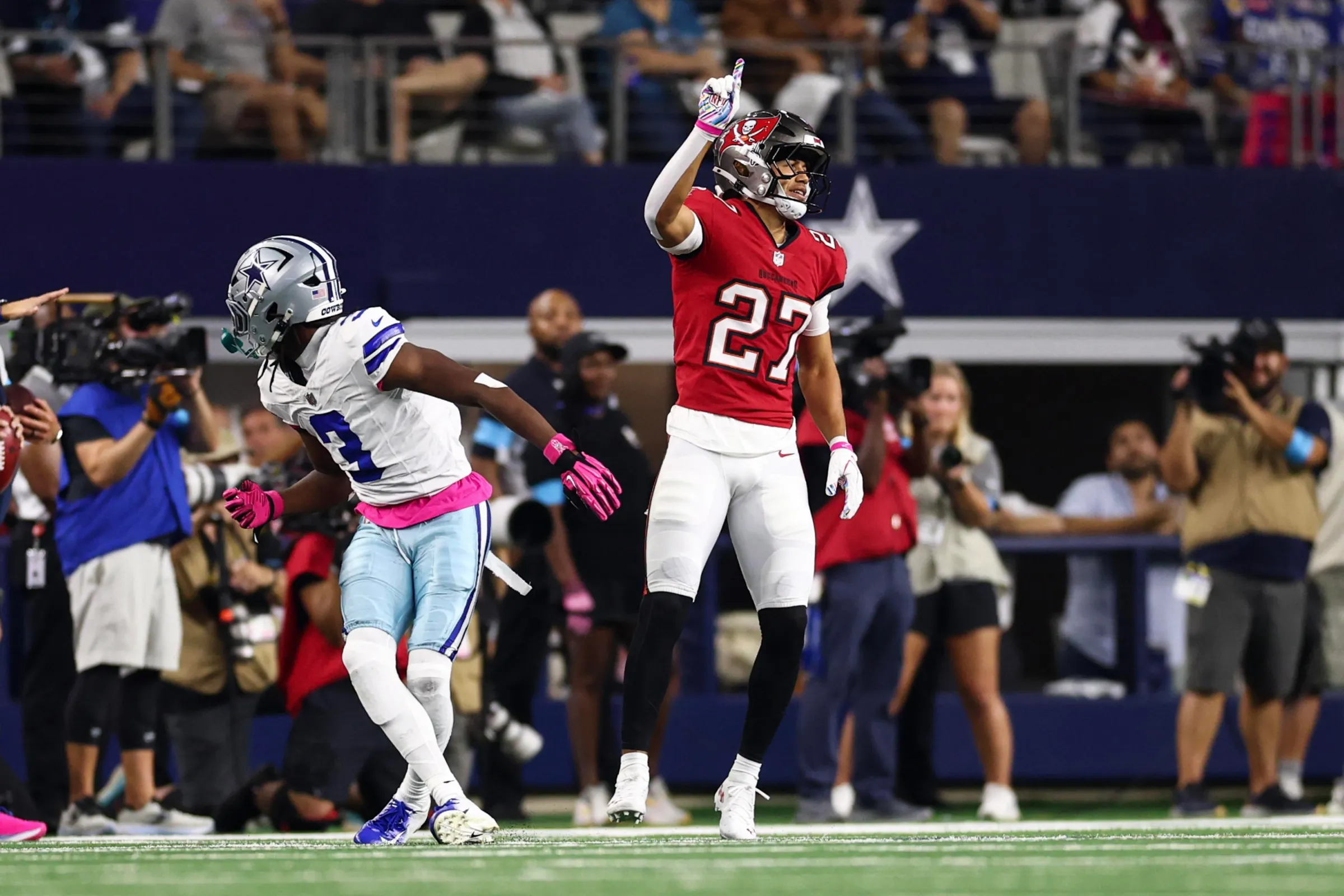 ARLINGTON, TEXAS - OCTOBER 8: Zyon McCollum #27 of the Tampa Bay Buccaneers celebrates after a play during an NFL football game against the Dallas Cowboys at AT&T Stadium on October 8, 2026 in Arlington, Texas. (Photo by Kevin Sabitus/Getty Images)