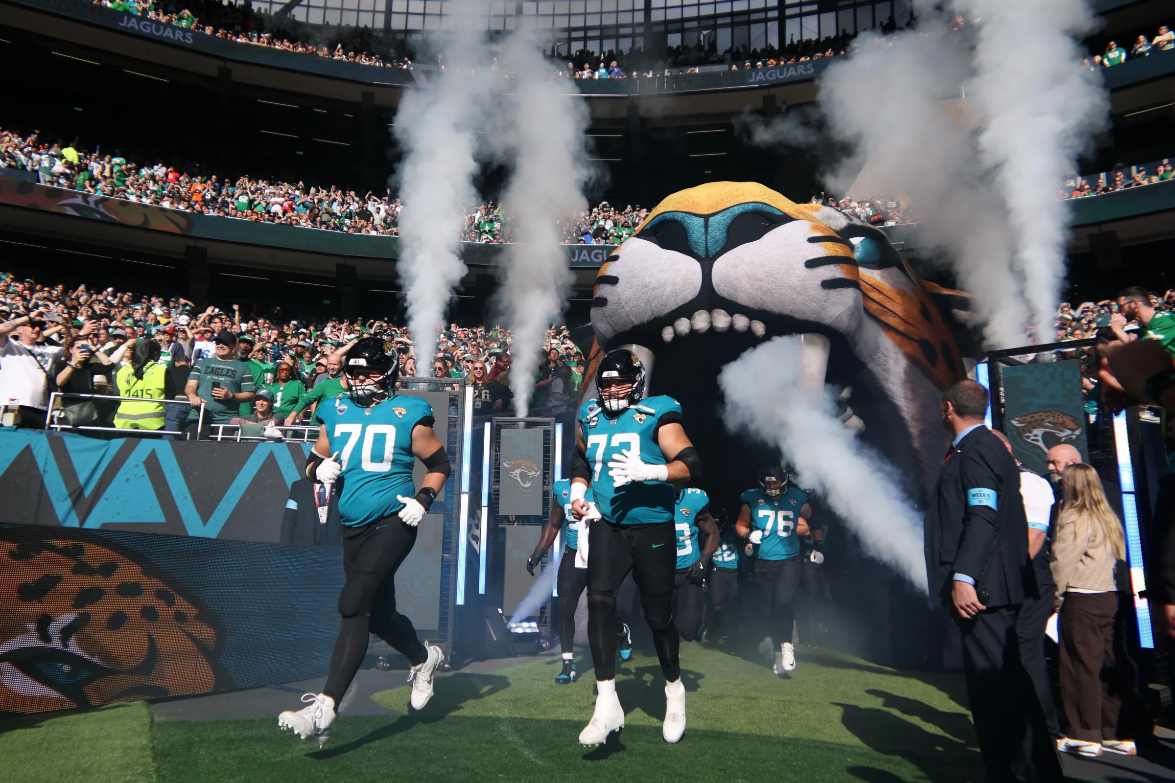 LONDON, ENGLAND - OCTOBER 11: Jacksonville Jaguars' Cole Van Lanen and Walker Little exit the tunnel before the 2026 NFL London Games match between the Philadelphia Eagles and the Jacksonville Jaguars at Tottenham Hotspur Stadium on October 11, 2026 in London, England. (Photo by Ryan Pierse/Getty Images)