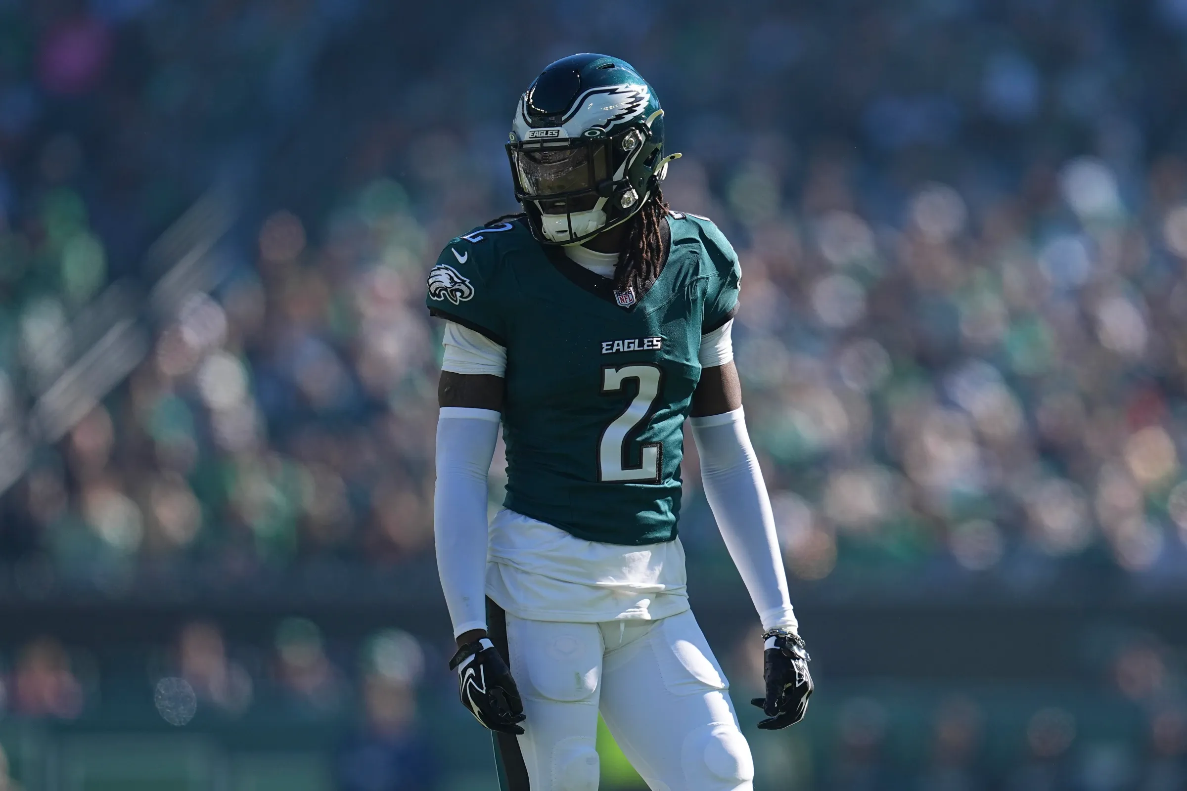 PHILADELPHIA, PENNSYLVANIA - OCTOBER 18: Riq Woolen #2 of the Philadelphia Eagles looks on against the Carolina Panthers at Lincoln Financial Field on October 18, 2026 in Philadelphia, Pennsylvania. (Photo by Mitchell Leff/Getty Images)