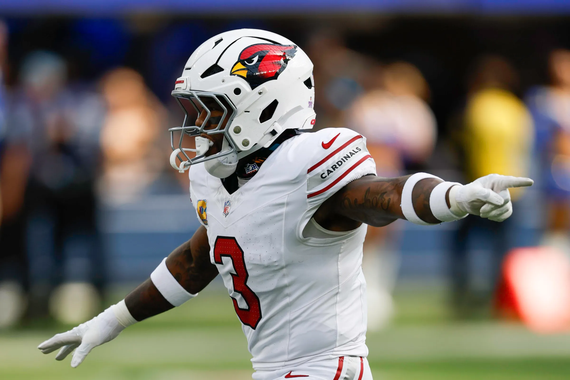INGLEWOOD, CALIFORNIA - OCTOBER 18: Budda Baker #3 of the Arizona Cardinals gestures during the game against the Los Angeles Rams at SoFi Stadium on October 18, 2026 in Inglewood, California. The Arizona Cardinals won with a score of 18-16. (Photo by Alika Jenner/Getty Images)